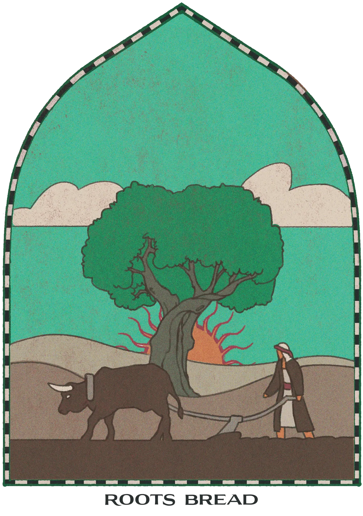 Stained-glass illustration of a farmer with ox and plow